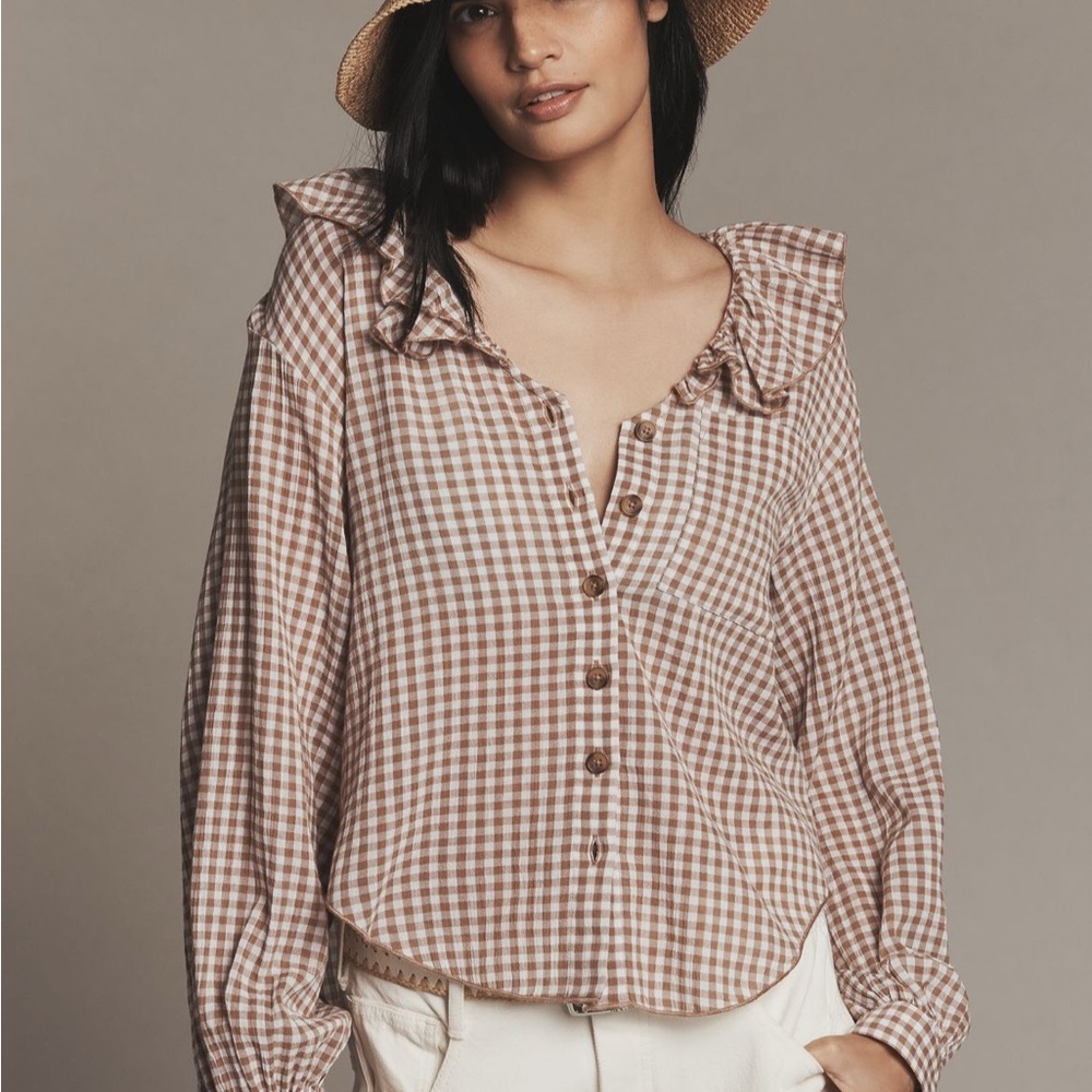 Anthropologie Brown Checkered Ruffle Collar Top xxs NWT